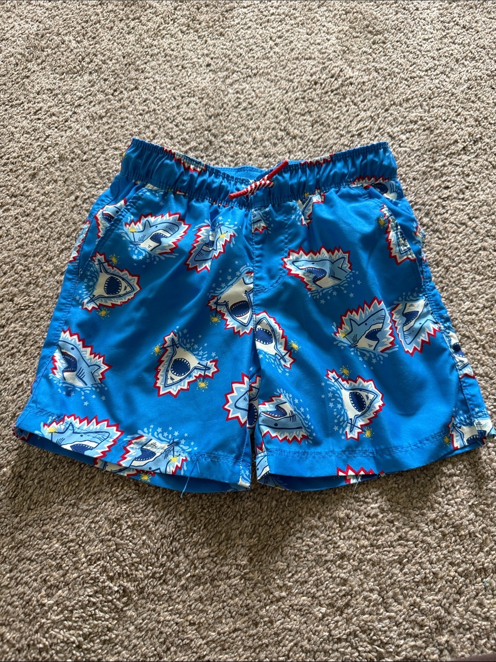 Blue Shark Print Kids Swim Trunks